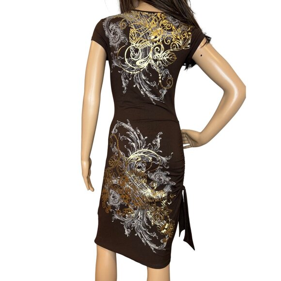 Y2K Cache Midi Dress Metallic Gold Stretchy Shirt Dress Bodycon Small - Picture 2 of 9